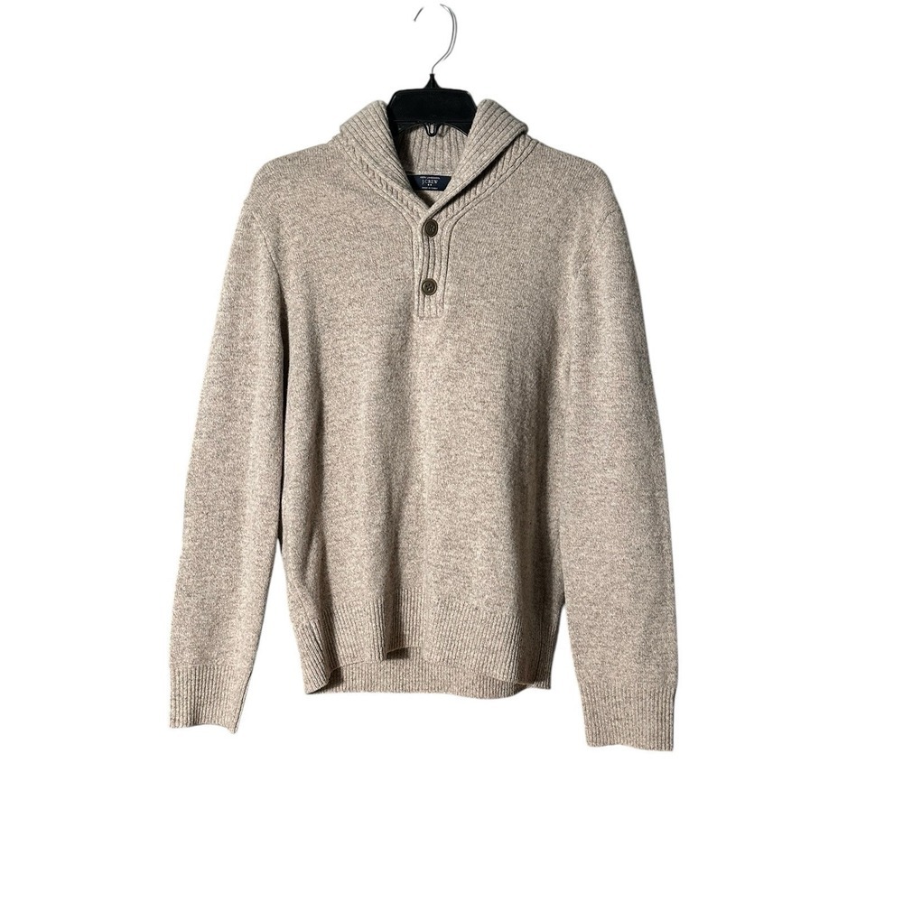 J. Crew Mens Medium Long Sleeve Shawl Collared Beige Lambswool Sweater #OP7-3